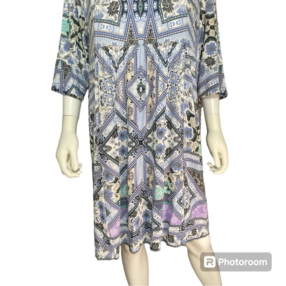 J. Jill Blue Mosaic Floral Knit Midi Shift Dress 3/4 Sleeve Women's Size LP - Picture 5 of 10